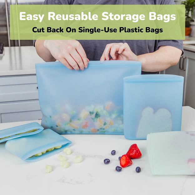 WeeSprout Reusable Silicone Bags (Set of 3) - 100% Food-Grade Silicone Food Storage Containers - Leakproof Reusable Food Storage Bags - Reusable