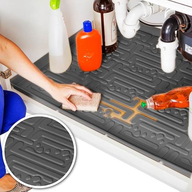 XTREME MATS Waterproof Undersink Mat (Gray 25" 1/4 x 19 1/4) Cabinet Base Liner for Bathroom Vanity Cabinets Catches Leaks Prevents Damage Flexible Driptray