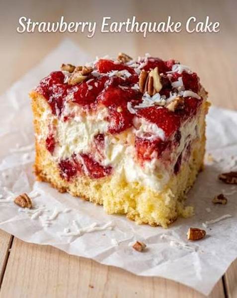 Easy Strawberry Earthquake Cake 🍓❤️🍒 This ultra-moist, gooey strawberry  cake is bursting with sweet cream cheese swirls and juicy strawberry  goodness. It “cracks” and ripples while baking — that's the earthquake  magic!