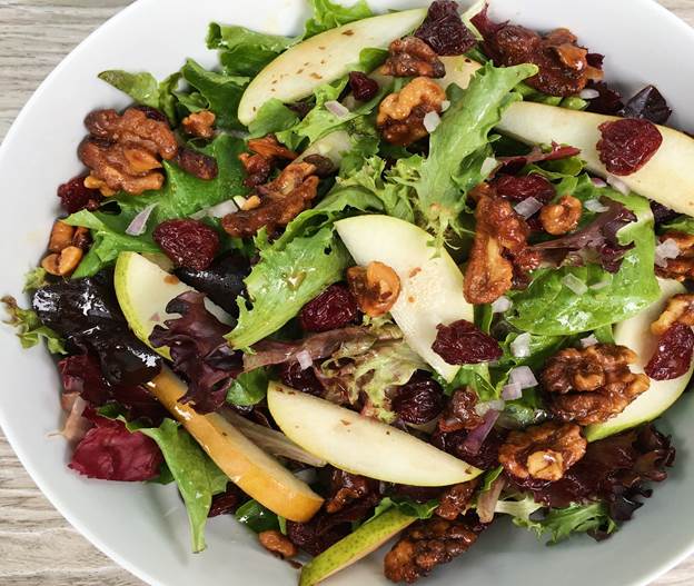 Green Salad with Candied Walnuts + Fresh Pears