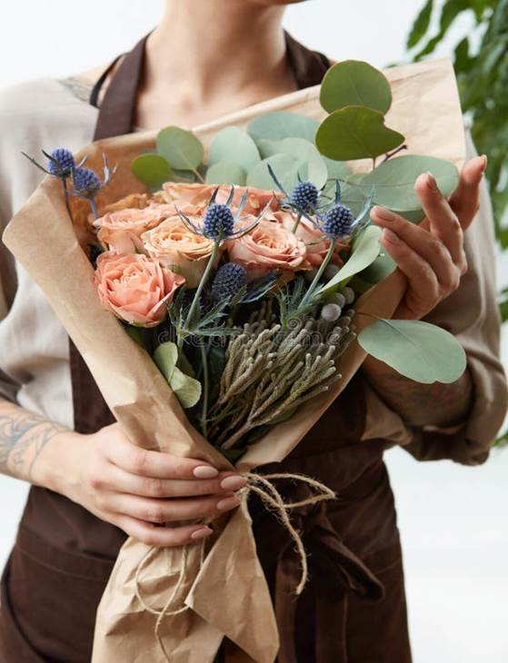 Fresh Amazing Flowers Bouquet in a Woman`s Hands with Tattoo on a White Background. Greeting Card. Stock Image - Image of blooming, floral: 144271335