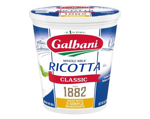 galbani 1882 classic whole milk ricotta cheese, 3 lb. front-facing white and blue tub with red Galbani logo; label shows 'RICOTTA', 'CLASSIC', 'Since 1882' and 'made with 3 simple ingredients', notes whole milk creamy ricotta ideal for lasagna, stuffed shells, pizzas, cannolis, desserts, or blended dips.
